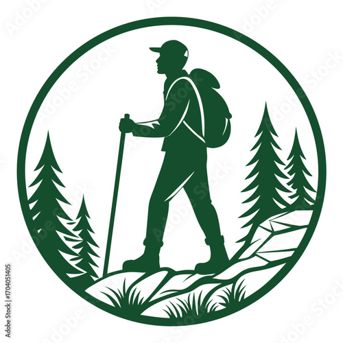 Green silhouette of male hiker with backpack and walking stick inside a circular frame