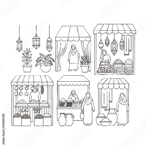 Hand-drawn line art set of an Arabic market with souk stalls, vendors, and lanterns.