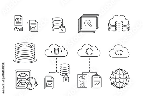Data flow cloud storage security and network connection icons vector