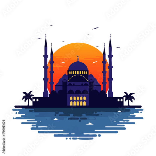 Iconic Blue Mosque Silhouette with Minarets and Domes at Sunset over Water