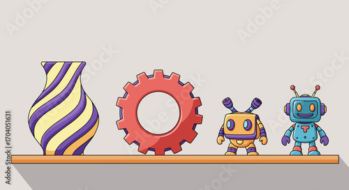 Vase, gear, and robots on a shelf against a neutral background