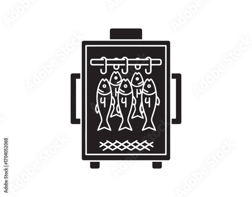 Fish smoking icon in black. Seafood smoking for commercial use. Hot and cold smoked fish. Preserving food. Curing herring. Gourmet product.