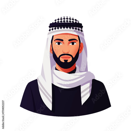 Illustrated Arab man with dark beard, wearing traditional white ghutra and black agal, looking forward.