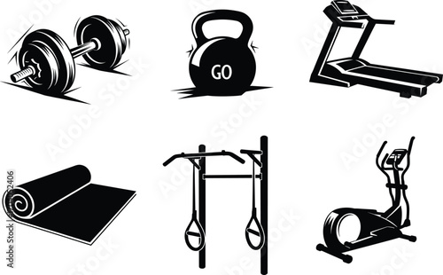 Fitness icon set, dumbbell, kettlebell, treadmill, exercise mat, pull-up bar, elliptical machine, vector gym workout concept design