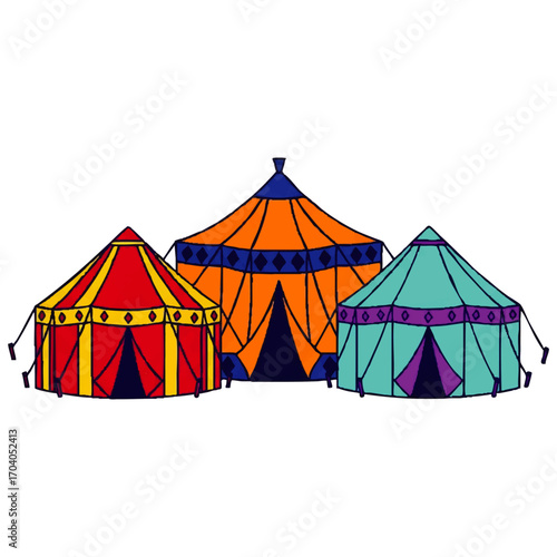 Trio of colorful hand-drawn circus tents with striped and diamond patterns.