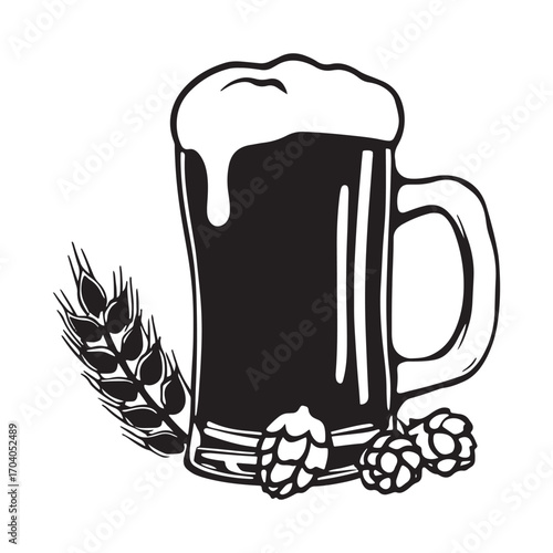Black and white illustration of a frothy beer mug with hops and wheat stalks