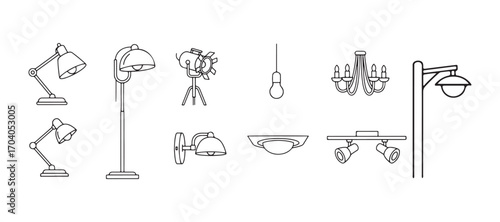 A straightforward collection of vector line icons for lamps. It includes icons like table lamp, floor light, spotlight, and others.
