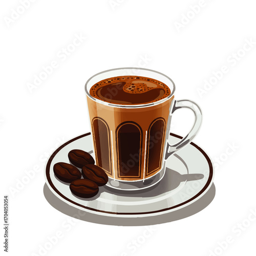 Illustrated glass mug of frothy coffee on a saucer with roasted beans, featuring a paneled design.