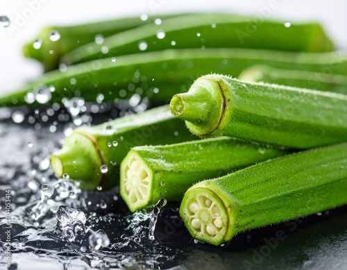 Fresh Okra Pods with Splashing Water on Dark Surface, Close-Up
