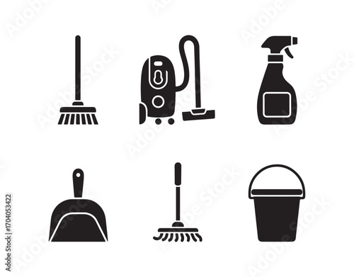 A straightforward collection of vector glyph icons related to cleaning. It includes icons like a broom, vacuum, spray, dustpan, and more. These are pixel-perfect vector icons.
