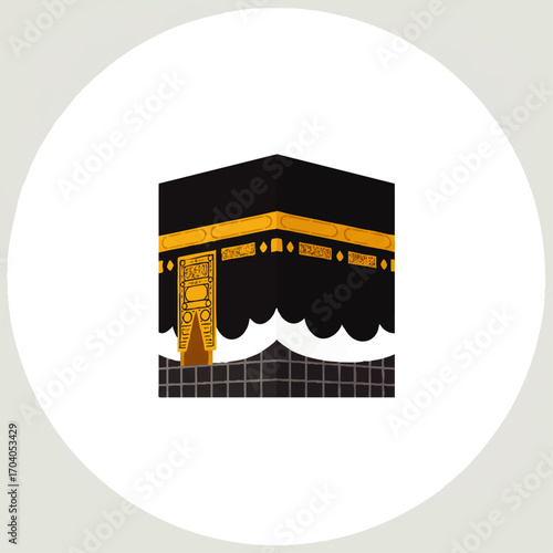 Illustrated Kaaba: Black Cube Structure with Golden Ornamentation and Geometric Base