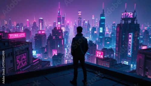 Rear view of man on rooftop overlooking futuristic cityscape
