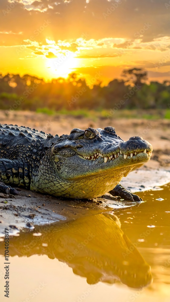 Obraz premium Crocodile by sunset reflection
