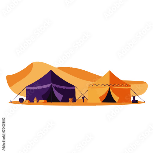 Two Desert Tents Underneath Sand Dunes With Decorative Elements