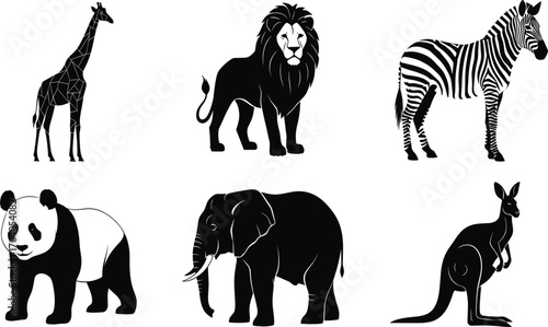 Global animal illustration set, giraffe, lion, zebra, panda, elephant, kangaroo icons, vector wildlife identification nature concept