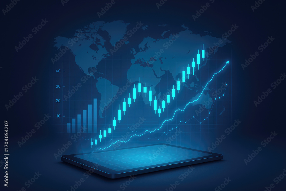 Naklejka premium Futuristic digital stock market graph rising on a tablet screen with world map background finance chart
