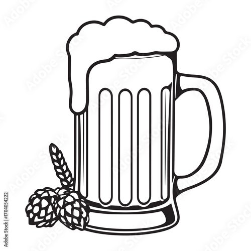 Line art illustration of a frothy beer mug with hops and barley stalk