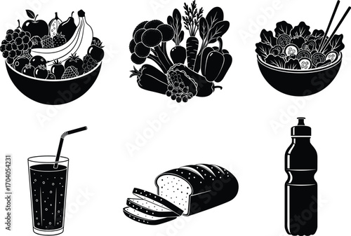 Healthy food icon set, fruits, vegetables, salad bowl, fizzy drink, sliced bread, water bottle, vector nutrition and wellness design