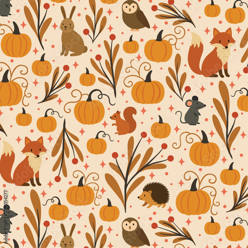 Autumn Harvest Whimsical Seamless Pattern with Pumpkins, Woodland Animals and Fall Foliage on Beige Background