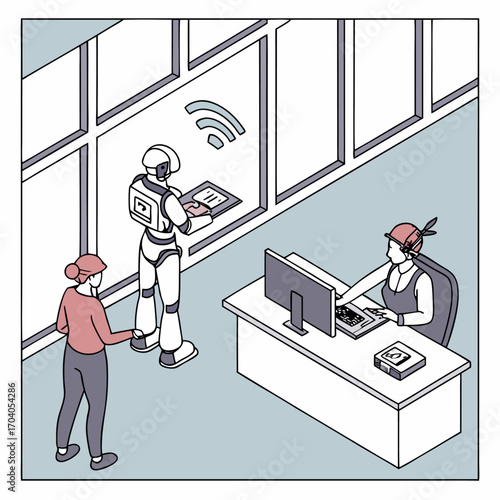 Robot and people interacting with technology in an office