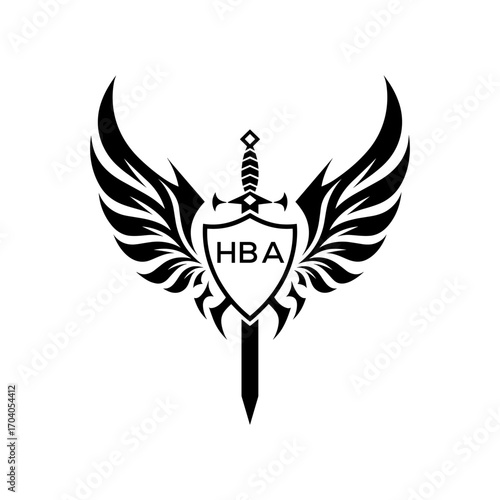 HBA "Modern Knight Logo with CAA Monogram," HBA Later Logo,  "Fantasy Tattoo Style Shield Sword Wing Design," "Elegant Security Company Winged Logo."
