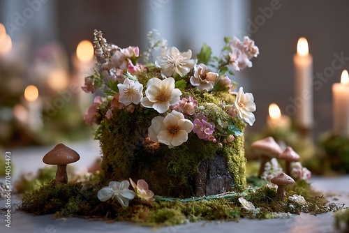 A rustic woodland birthday with a moss-covered cake surrounded by edible flowers and soft lighting, evoking a fairy tale feel