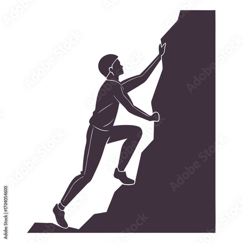 Silhouette shows determined climber ascending a rocky cliff against a stark white background