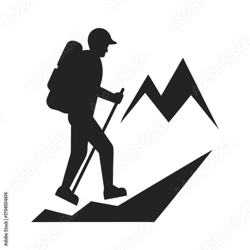 Silhouette shows hiker with backpack and trekking poles ascending a mountain transparent background
