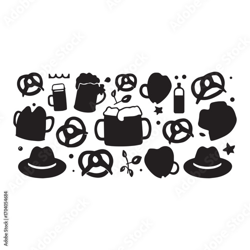 Oktoberfest celebration icons featuring beer mugs pretzels and hats