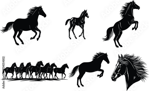 Horse illustration set, galloping, rearing, foal, running herd, horse head icons, vector animal motion silhouette concept design