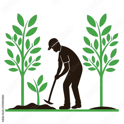 Silhouetted farmer plants sapling with digging tool between green trees on white background