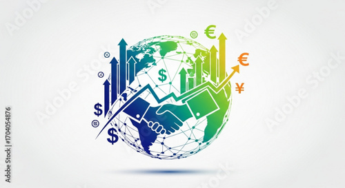 Global business partnership with rising graph and currency symbols international financial cooperation and investment concept economic growth and success