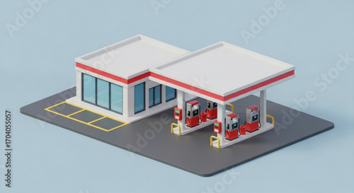Isometric gas station with shop and fuel pumps isolated on blue background petrol filling station with convenience store and parking spaces refueling service