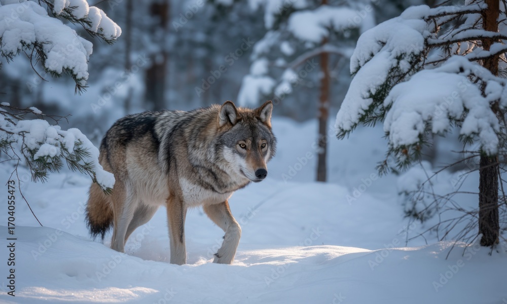 Fototapeta premium Gray wolf in a snowy forest