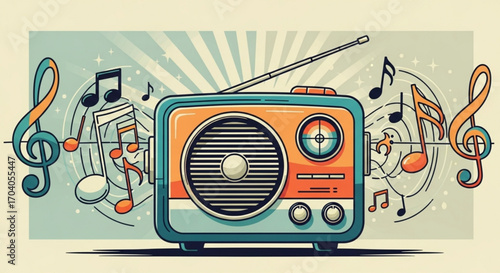 A retro radio surrounded by musical notes and treble clefs, set against a radial background, evoking nostalgia, music, and vintage themes