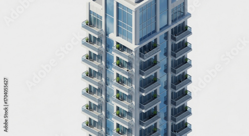 Modern highrise building with balconies, showcasing contemporary architecture and urban design with a minimalist aesthetic