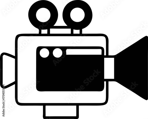 Retro video camera icon for cinema and filmmaking projects, a black and white vector illustration on an isolated background.