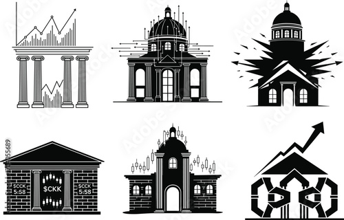 Institutional icon set, classical buildings, data arrows, graphs, gears, connectivity symbols, vector tradition and technology fusion concept design