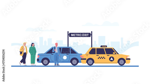 Urban Commute Scene with Taxi, People, and Metro Exit Sign in a Flat Vector Style, Depicting City Life and Transportation