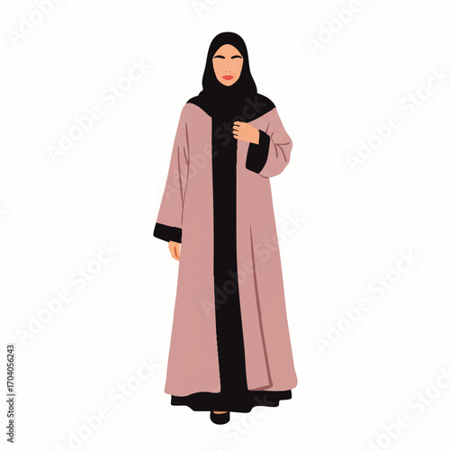 Vector illustration of a stylish Muslim woman in a modern pink abaya and black hijab, standing gracefully.