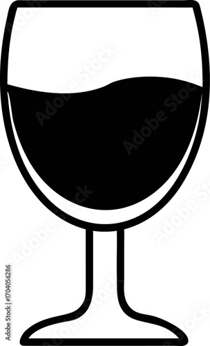 Simple black and white icon of a wineglass filled with a drink. Minimalist vector illustration design, a classic symbol for a bar menu or winery
