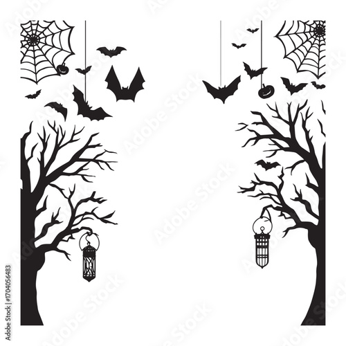 Spooky halloween silhouettes of trees bats and cobwebs with lanterns