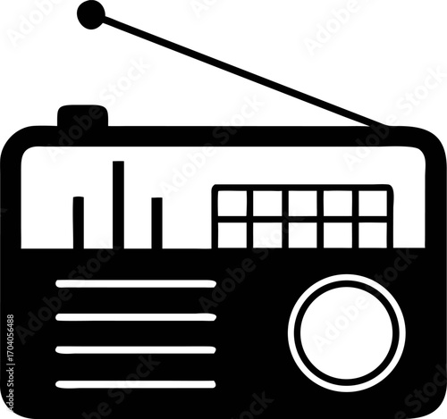Isolated vector graphic of a retro radio receiver icon. Black and white symbol for fm, am, broadcast, and audio media Ai art