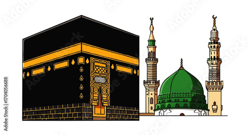 Vector Illustration of the Kaaba, Islam's Holiest Site, with Gold Details