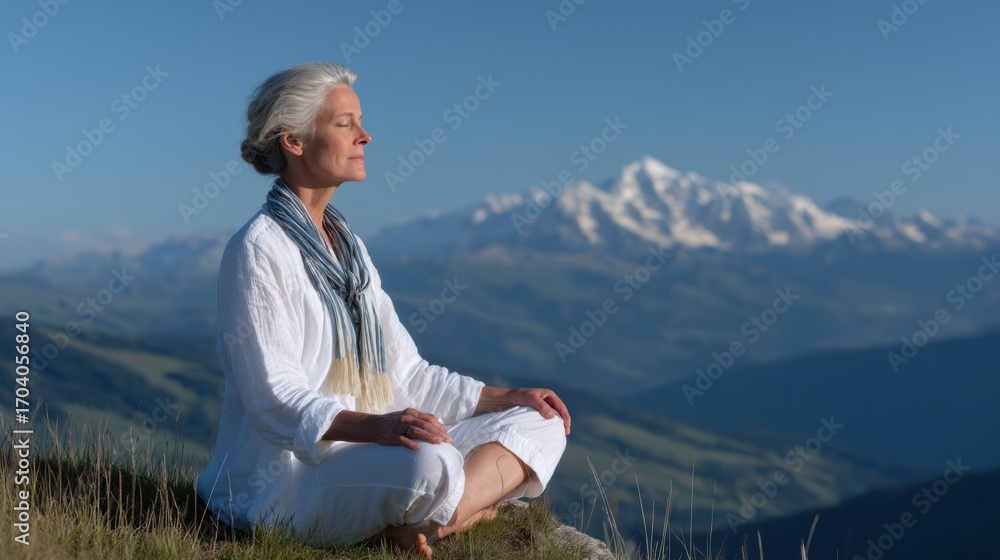 Fototapeta premium Meditation on mountain top evokes tranquility and mindfulness, showcasing serene woman in white attire, surrounded by breathtaking mountain scenery