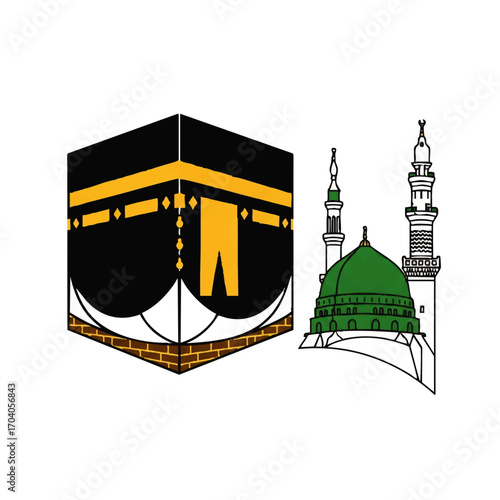 Vector Illustration of the Kaaba, Islam's Holiest Shrine, with Gold Embellishments.