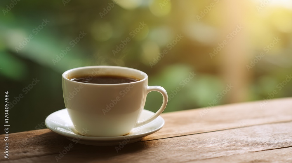 Obraz premium Steaming cup of black coffee sits on wooden table, surrounded by serene green background, evoking sense of calm and warmth. sunlight gently illuminates scene, enhancing inviting atmosphere