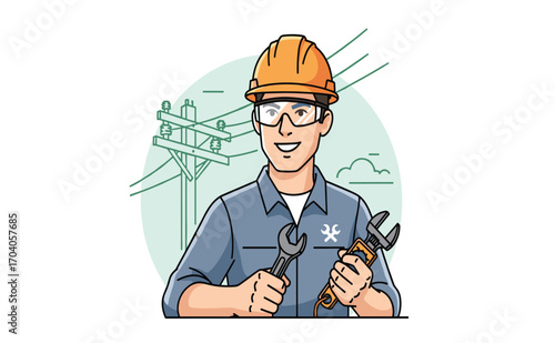 Skilled Worker with Tools and Safety Gear near Power Lines