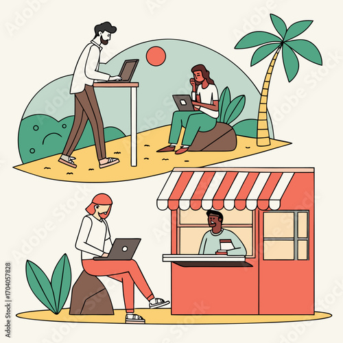 People working remotely on laptops in various outdoor settings