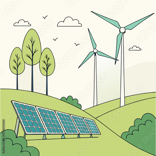 Solar panels and wind turbines generating clean energy